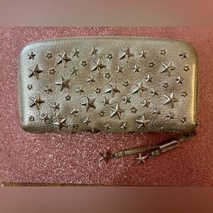 Jimmy Choo Filipa star-studded zip-around wallet in champagne gold leather.